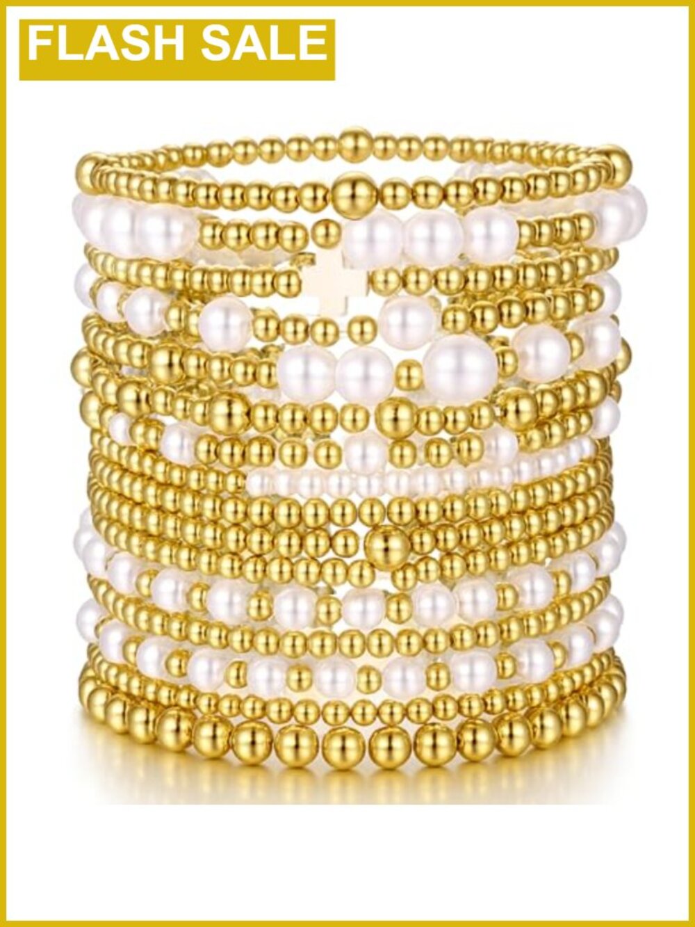 Gold Plated Bead & Pearl Stretch Bracelets Stackable Set